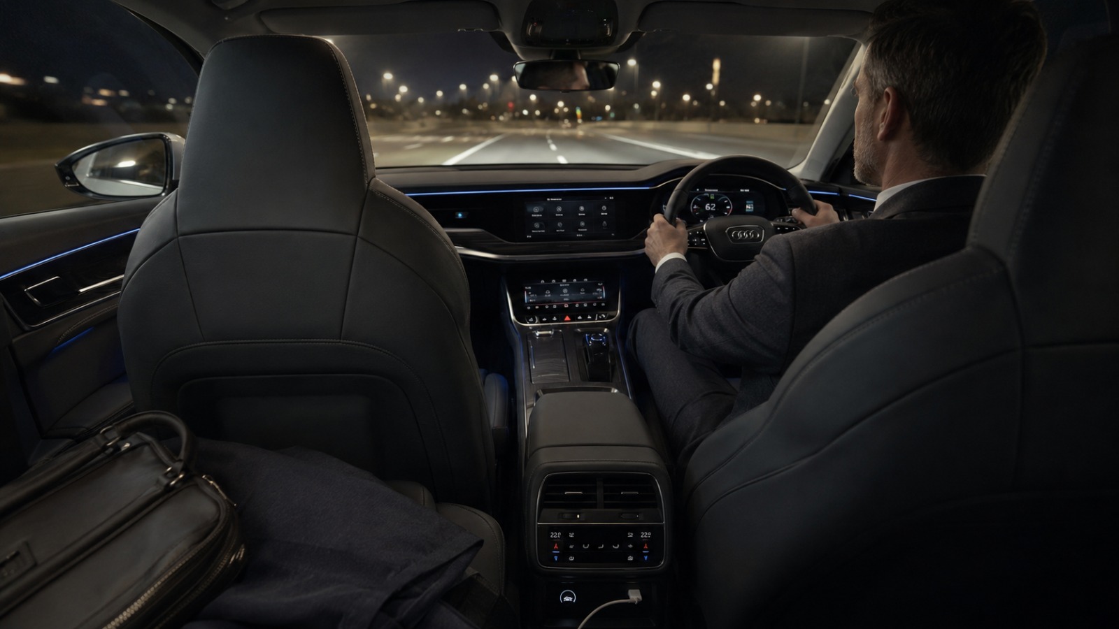 Interior of a white Audi A6 2025 executive taxi at night, driver at the wheel heading toward Birmingham Airport