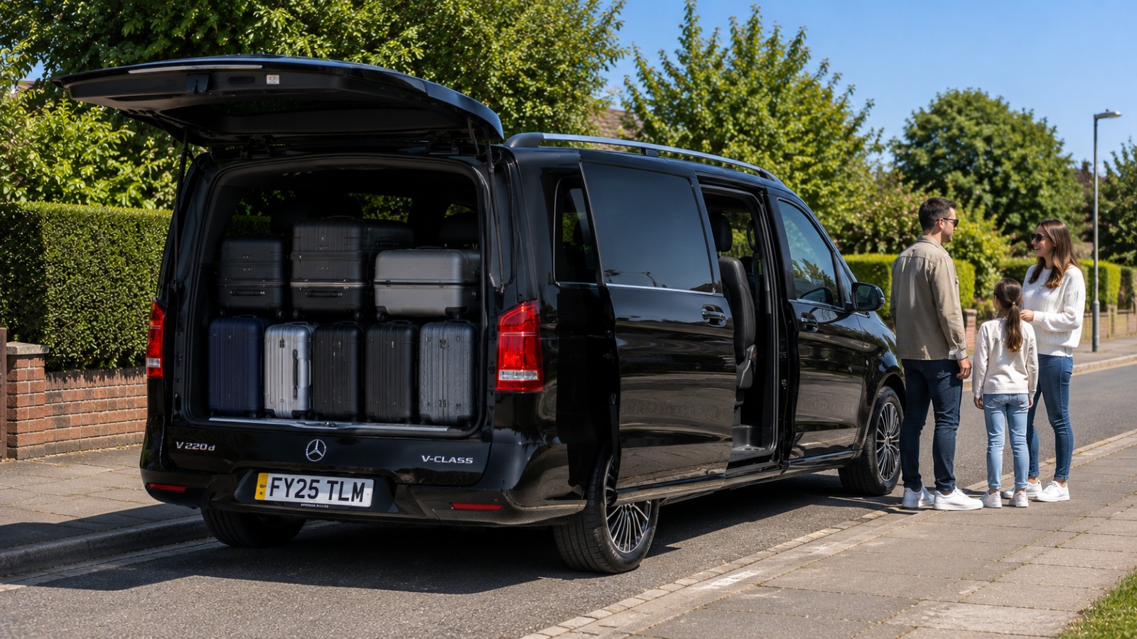 Black Mercedes V-Class 8 seater loaded with luggage for a group Manchester Airport transfer