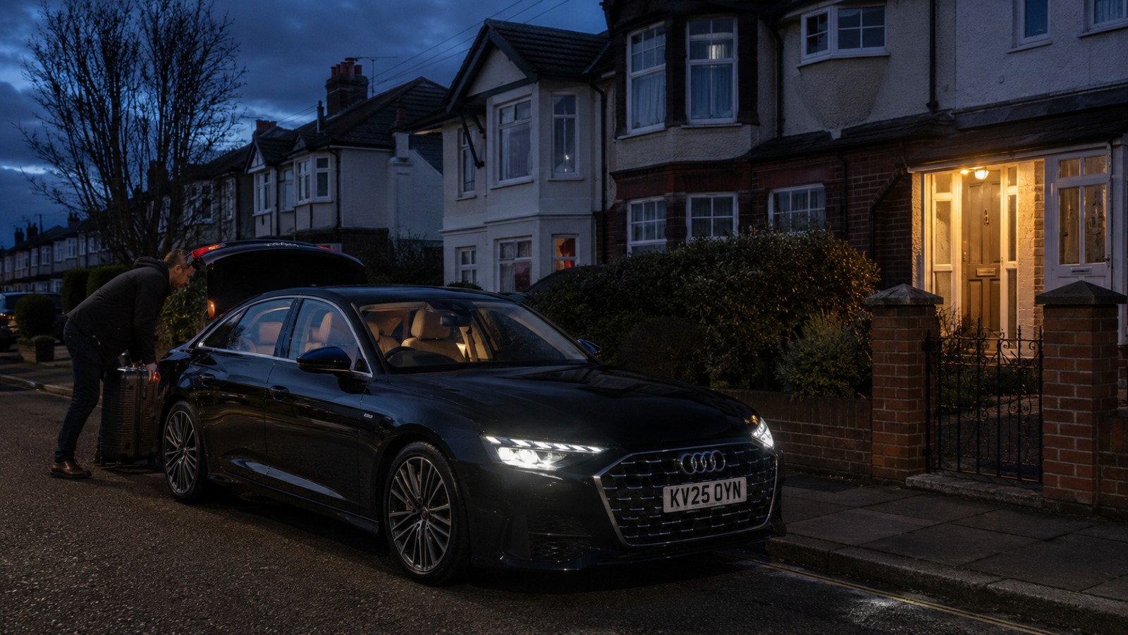 Taxi waiting outside a suburban UK house at dawn for an early morning Stansted Airport pickup