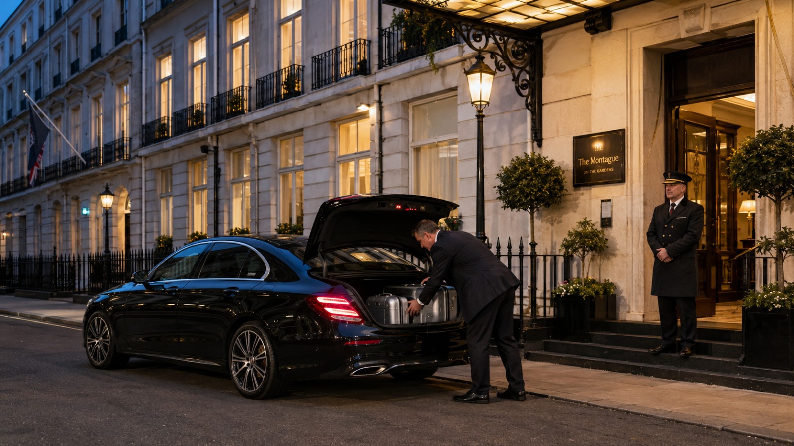 Black executive Mercedes E-Class parked outside a Central London hotel entrance at dusk, luggage being loaded into the boot.