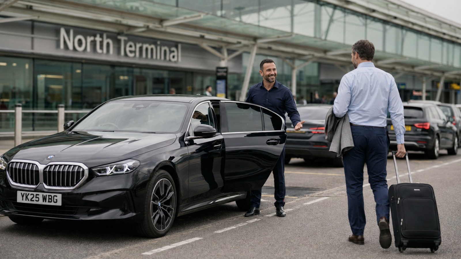 Driver greeting connecting traveller at Gatwick North Terminal beside black executive saloon for Heathrow transfer