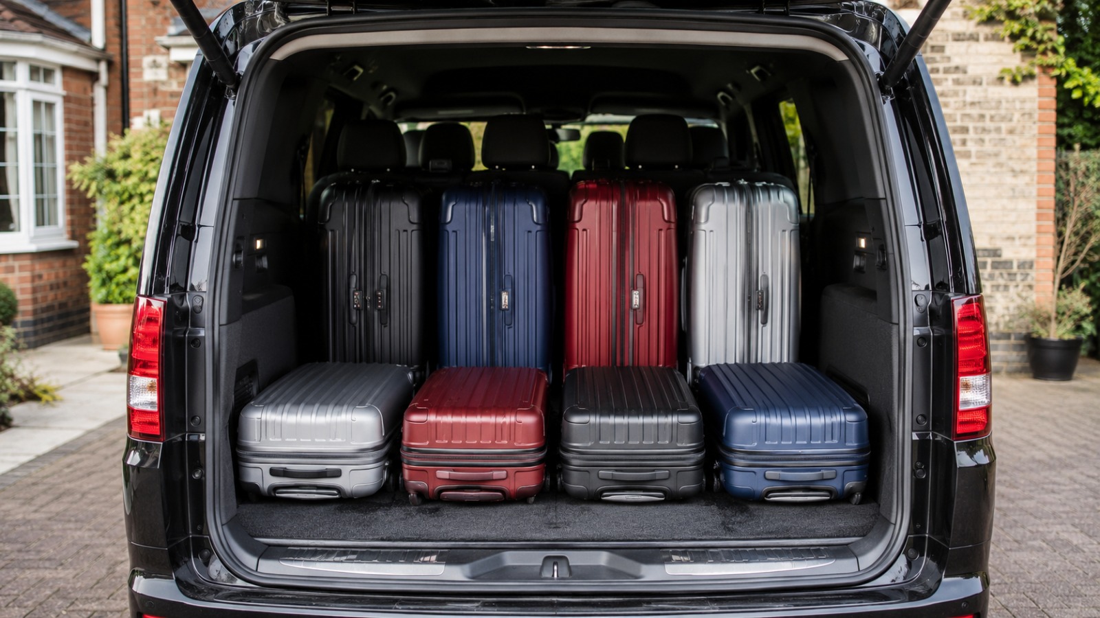 Rear boot of an 8-seat MPV taxi showing 8 large suitcases loaded with room to spare, demonstrating luggage capacity.