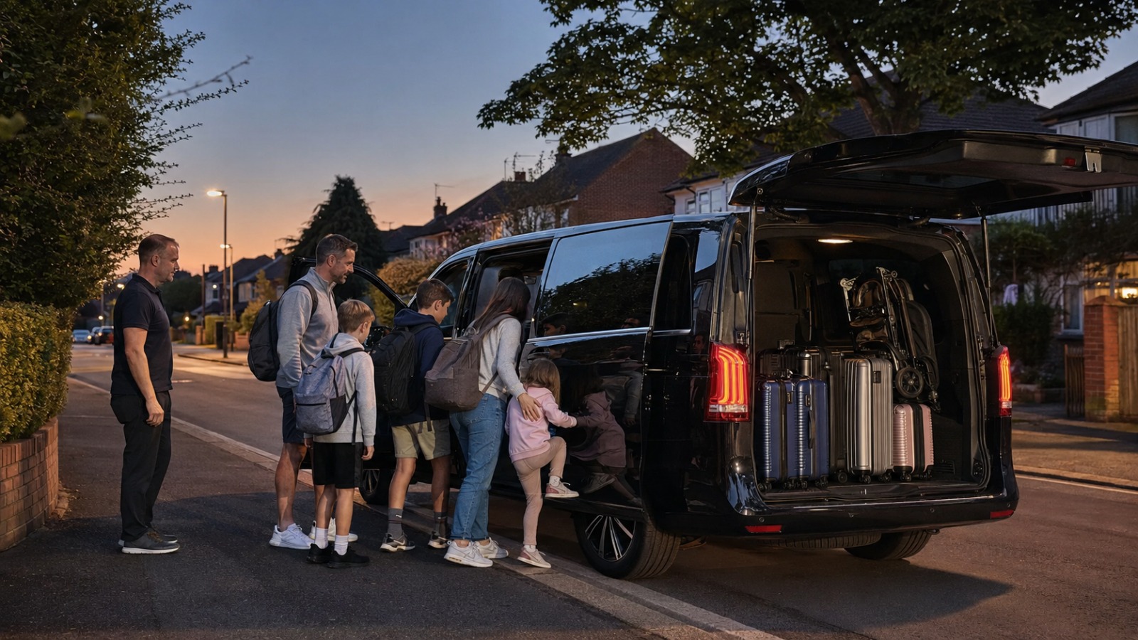 Family of six boarding a black 8-seat MPV taxi at dawn for a holiday departure to Gatwick, with suitcases and a buggy loaded.