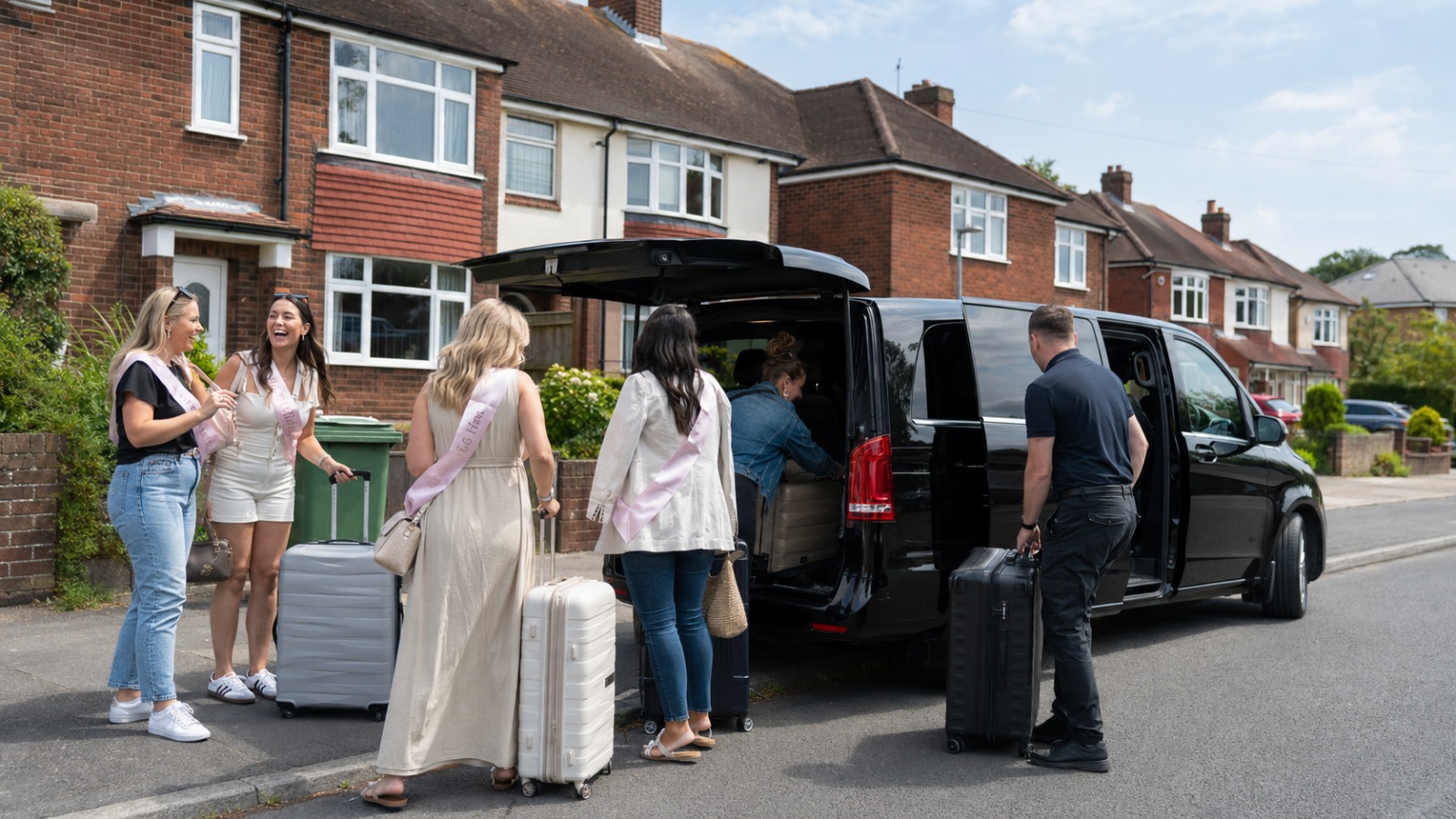 Group of six women loading suitcases into a black 8-seat MPV taxi for a hen weekend departure to Gatwick.