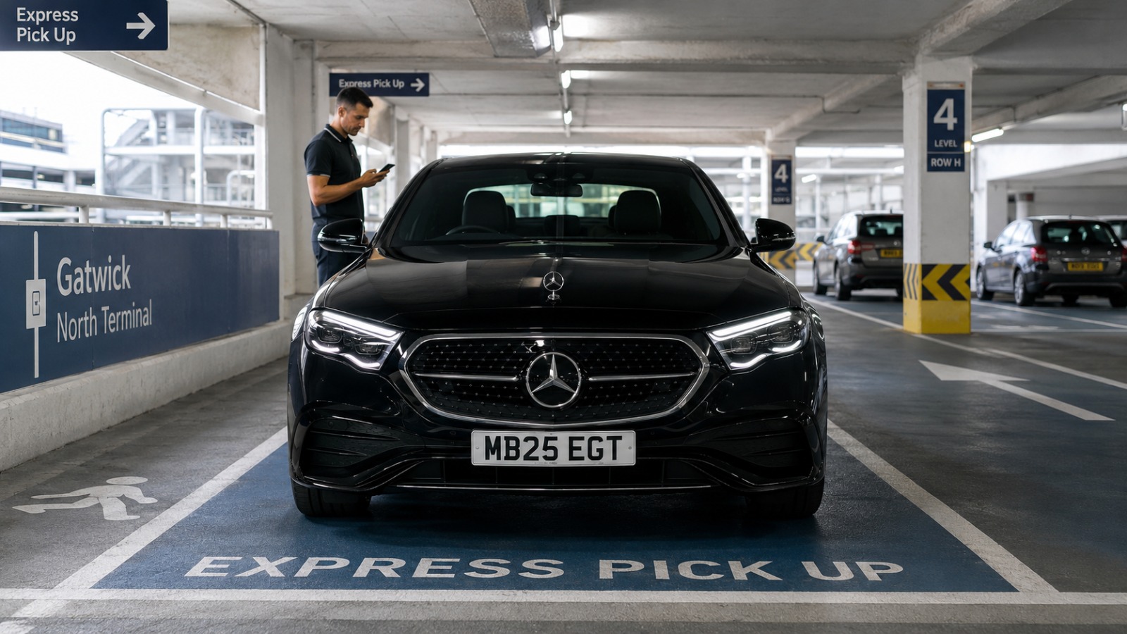 Black Mercedes E-Class Saloon Brighton to Gatwick taxi at North Terminal Express Pick Up zone on Level 4 of Car Park 6.