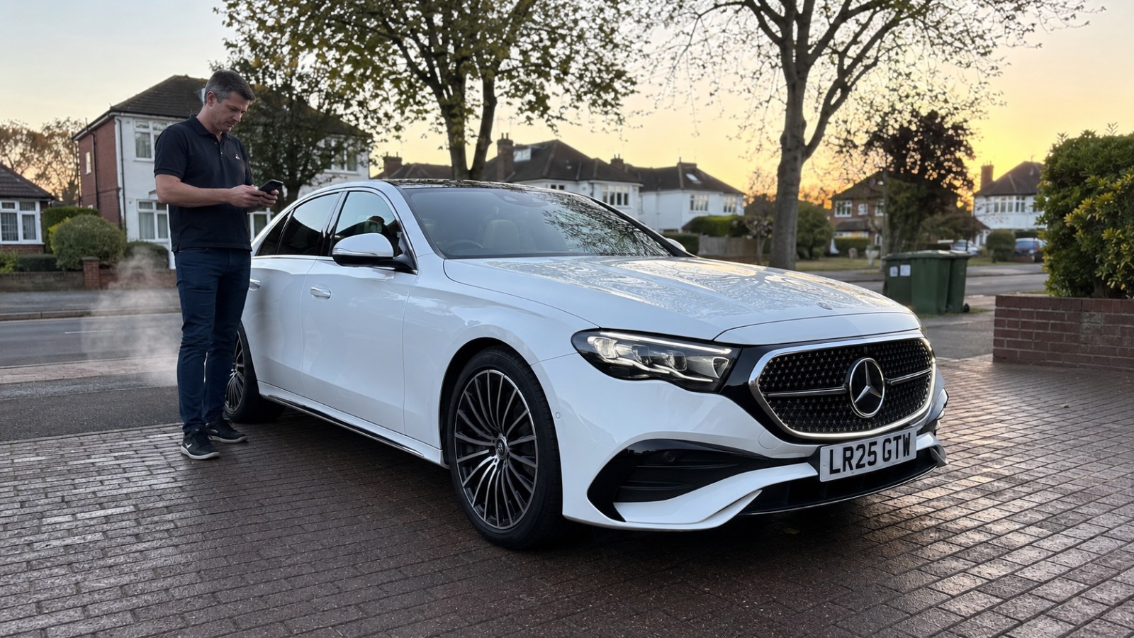 White Mercedes E-Class Saloon Gatwick airport taxi parked at dawn on a UK driveway, ready for a fixed-fare morning pickup.
