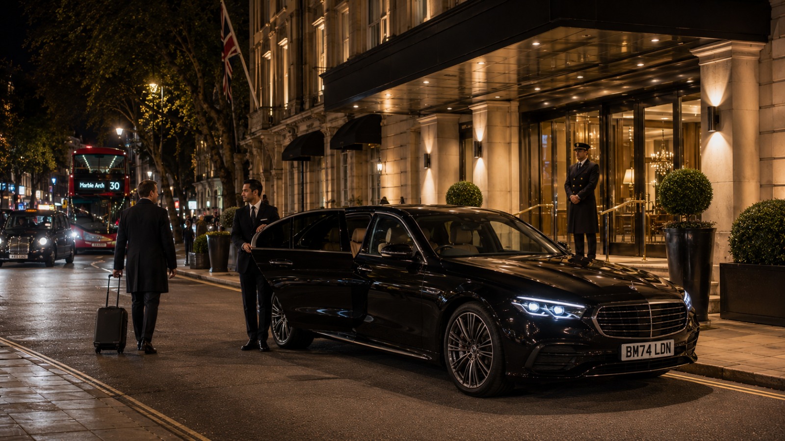 Black BMW 5 Series Saloon Gatwick taxi outside a Central London hotel at 10pm, no surge fixed fare for late-evening pickups.