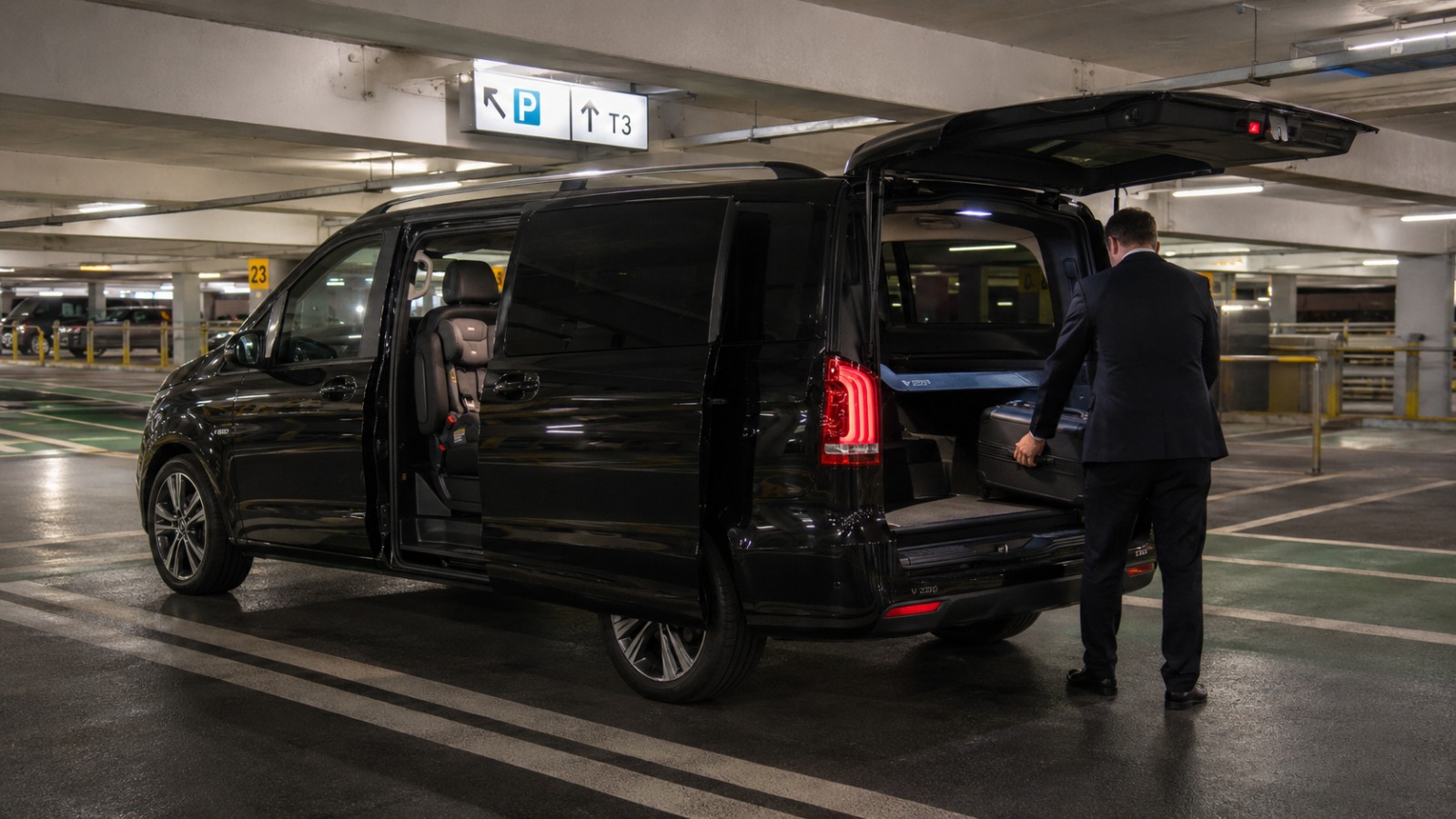 Black Mercedes V-Class waiting in the Heathrow Terminal 3 short-stay car park at night