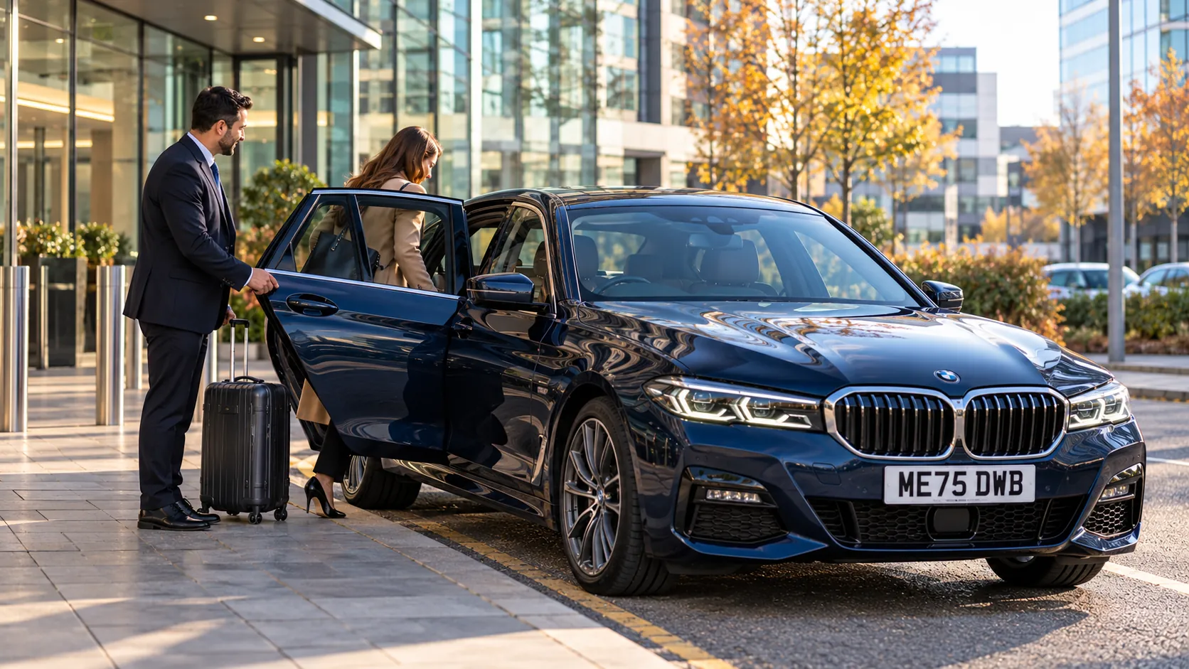 Driver opening the rear door of a dark blue Business Class car for an airport transfer company client