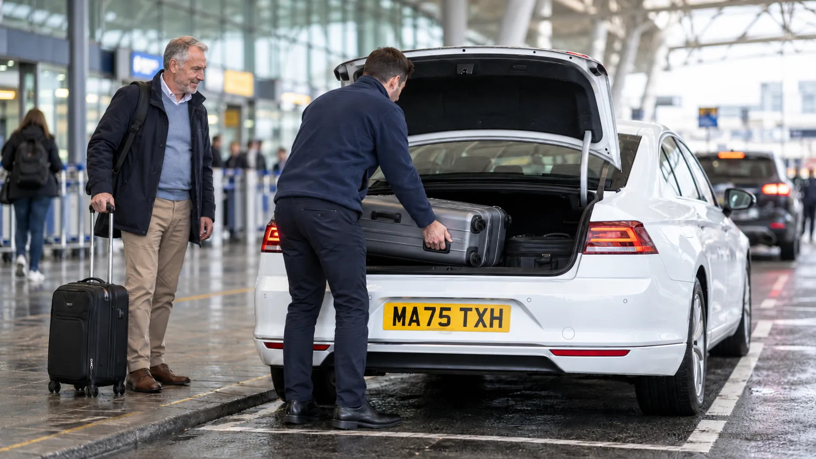 Driver lifting a suitcase from a silver saloon on an airport transfer at a UK terminal drop-off zone