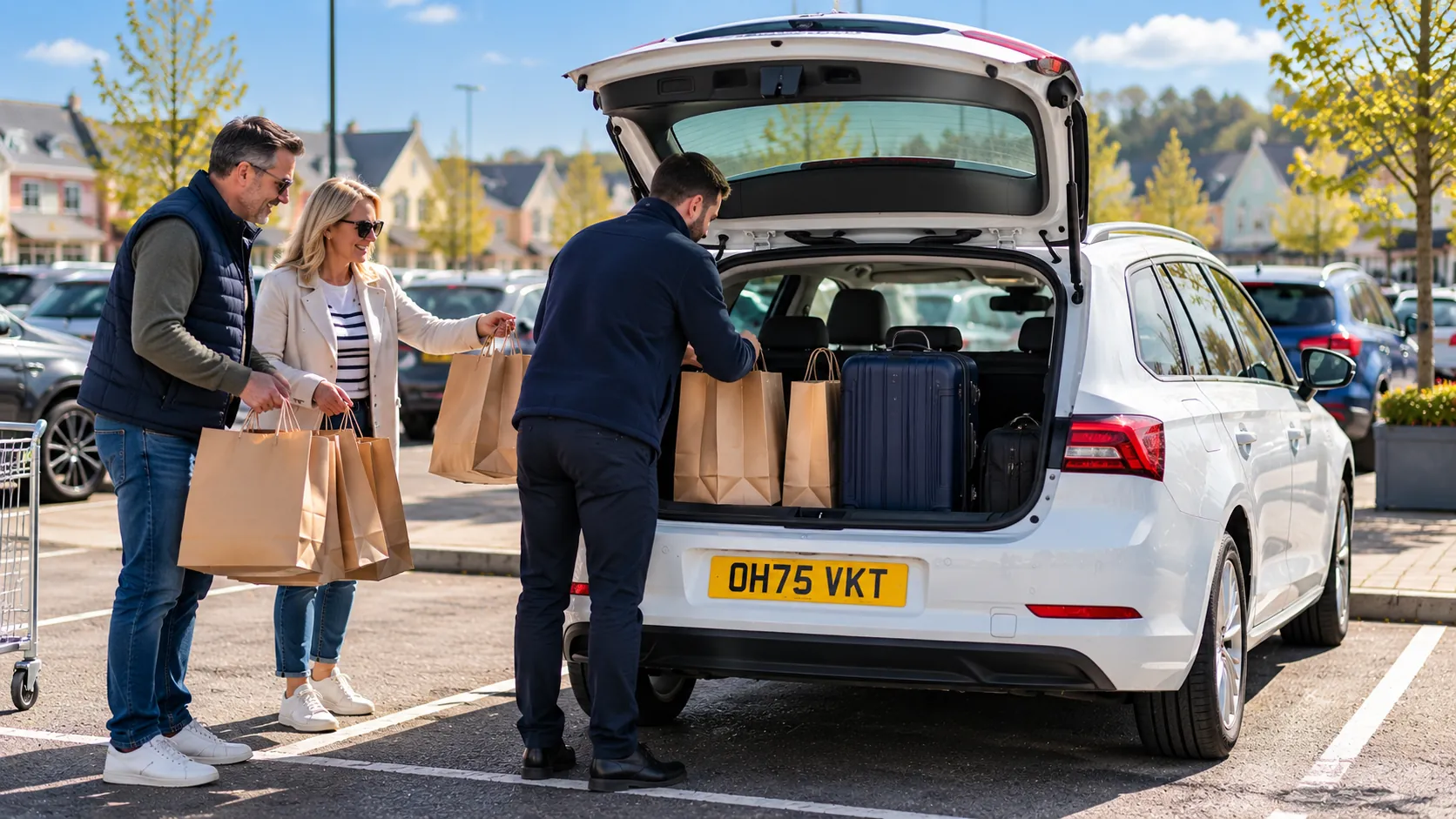 Driver loading shopping bags and suitcases into a silver estate in the Bicester Village car park, bound for Heathrow