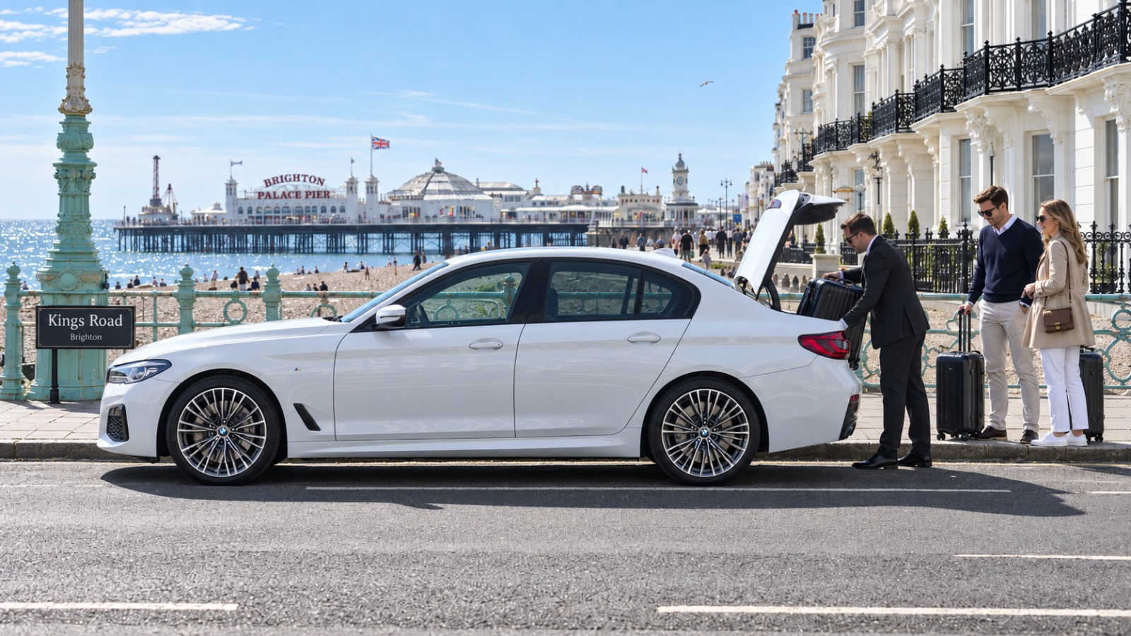 White BMW 5 Series airport taxi loading suitcases on Brighton seafront before a fixed-fare transfer to Gatwick