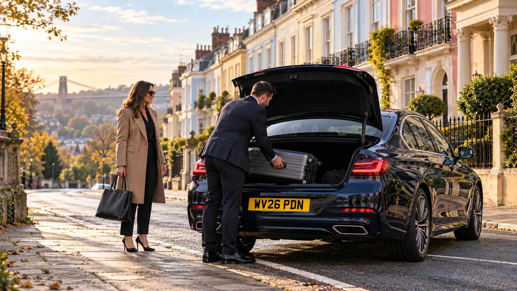 Driver loading cases into a dark blue Business Class car in Clifton for a Bristol taxi to Heathrow
