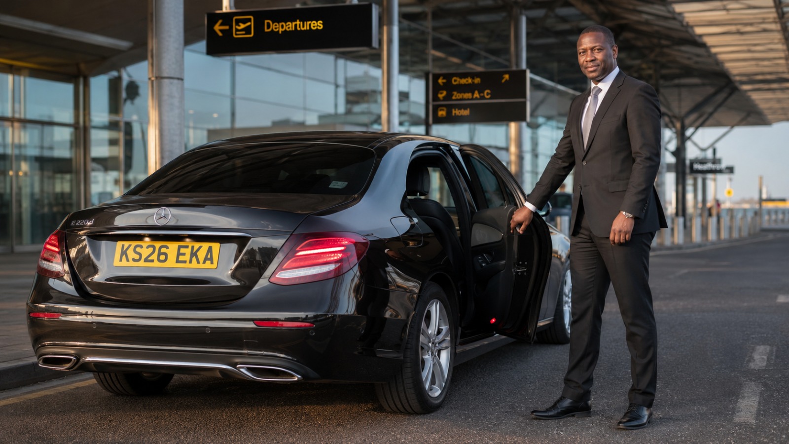 Professional chauffeur in dark suit opening the rear passenger door of an executive saloon at a UK airport drop-off