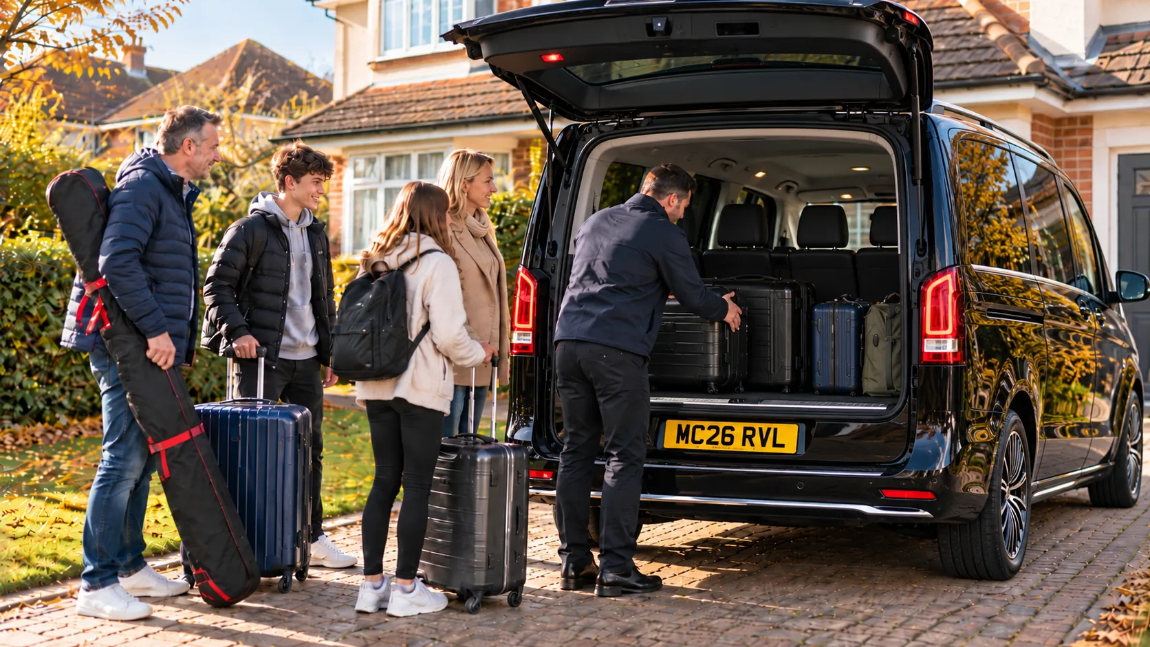 Family loading cases into a white people carrier at home for door-to-door airport transfers