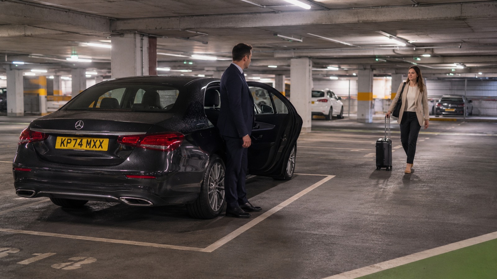 Traveller walking to a Fastlane saloon parked in the Heathrow short-stay car park for pick-up