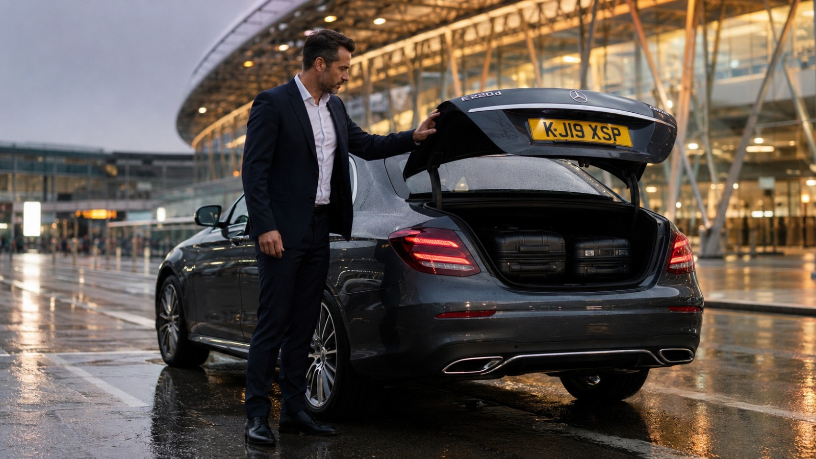Fastlane Transfers driver loading luggage into a Mercedes E-Class saloon outside a Heathrow terminal at dusk