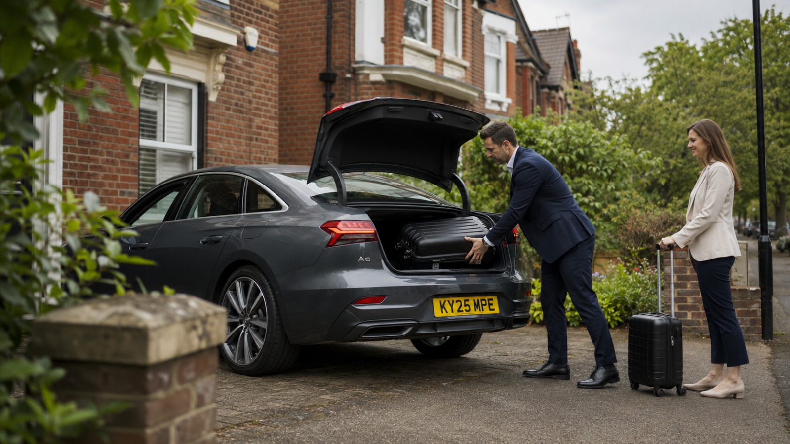 Fastlane driver loading luggage into a saloon outside a Reading suburban home for a Heathrow transfer