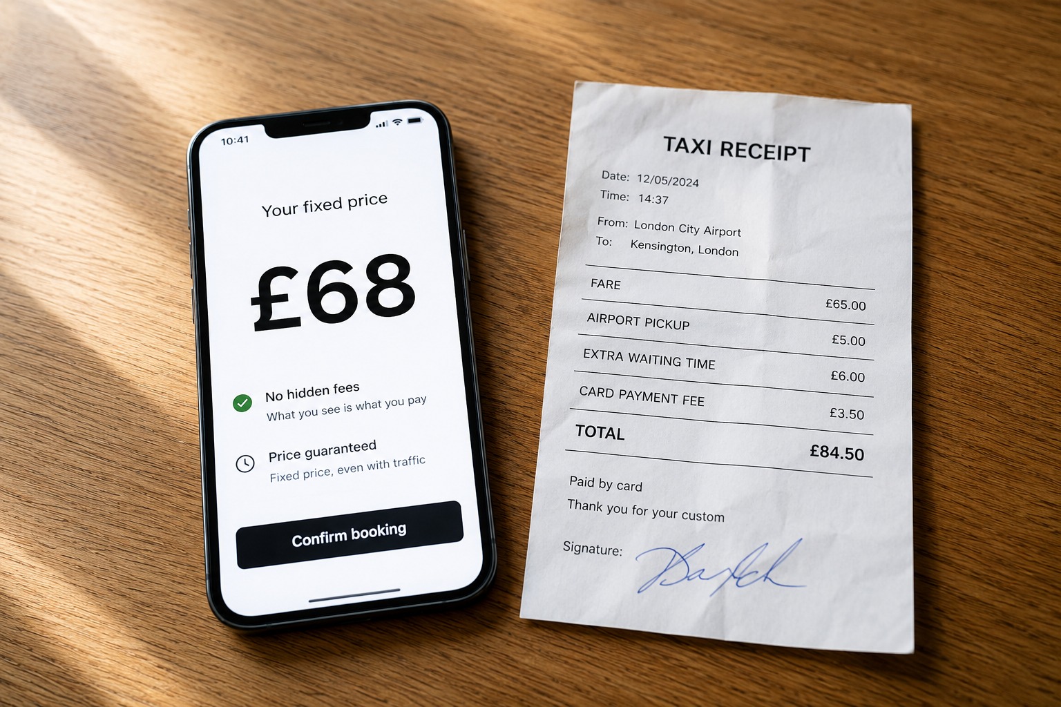 Smartphone showing fixed-price UK taxi fare quote next to a printed taxi receipt with a higher final amount