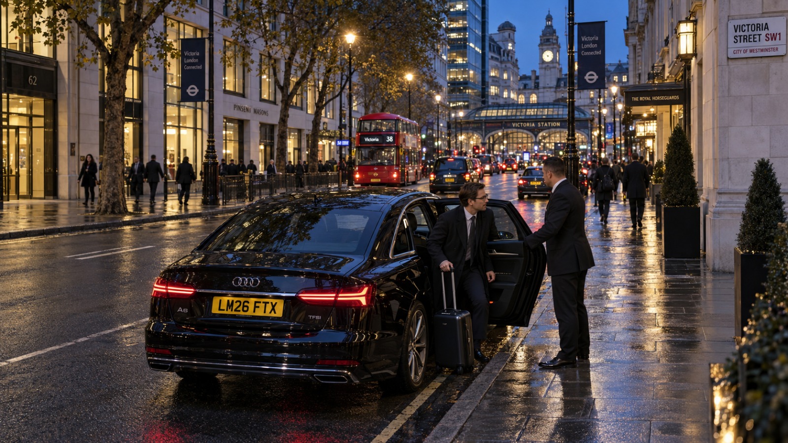 Black Audi A6 airport taxi at the kerb on Victoria Street, Central London, after a fixed-fare Gatwick transfer