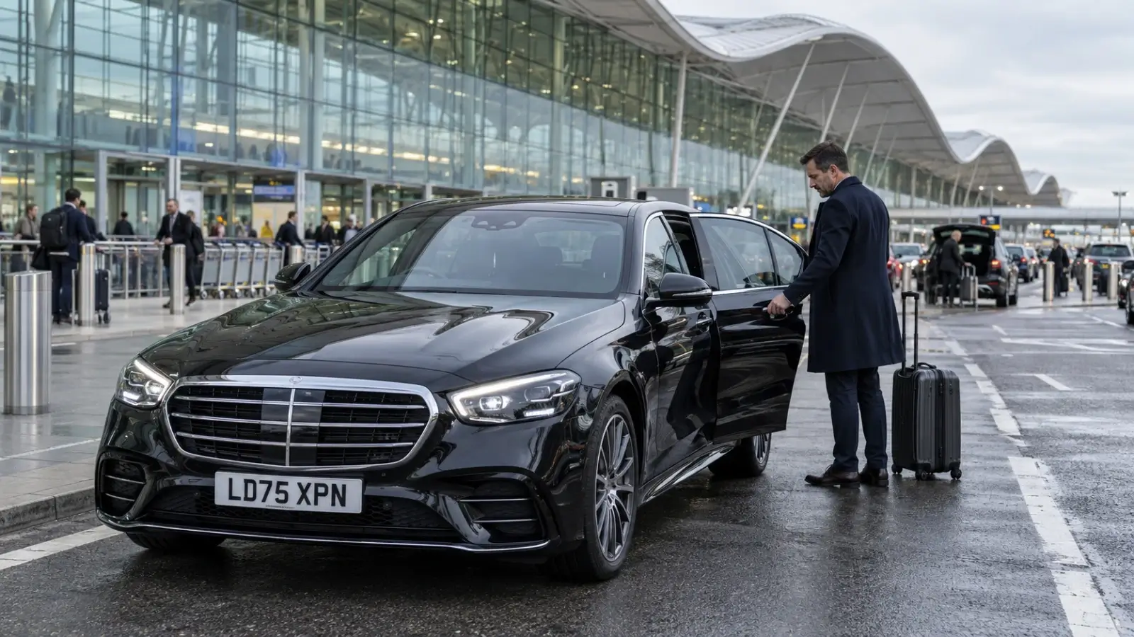 Black Mercedes E-Class executive taxi at Heathrow Terminal 5 forecourt on a bright overcast morning