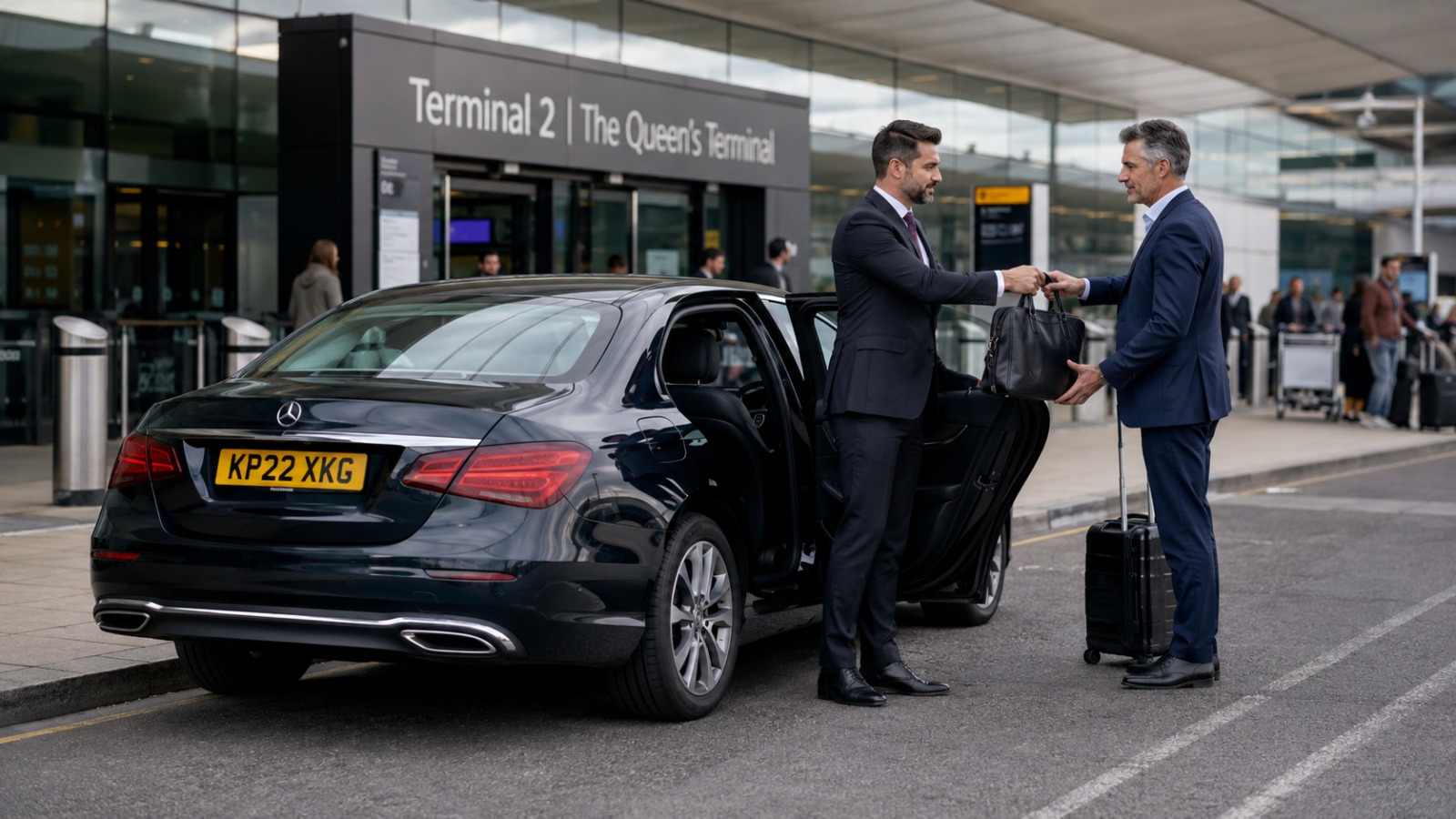 Business traveller dropped at Heathrow Terminal 2 departures by private hire driver in Mercedes   