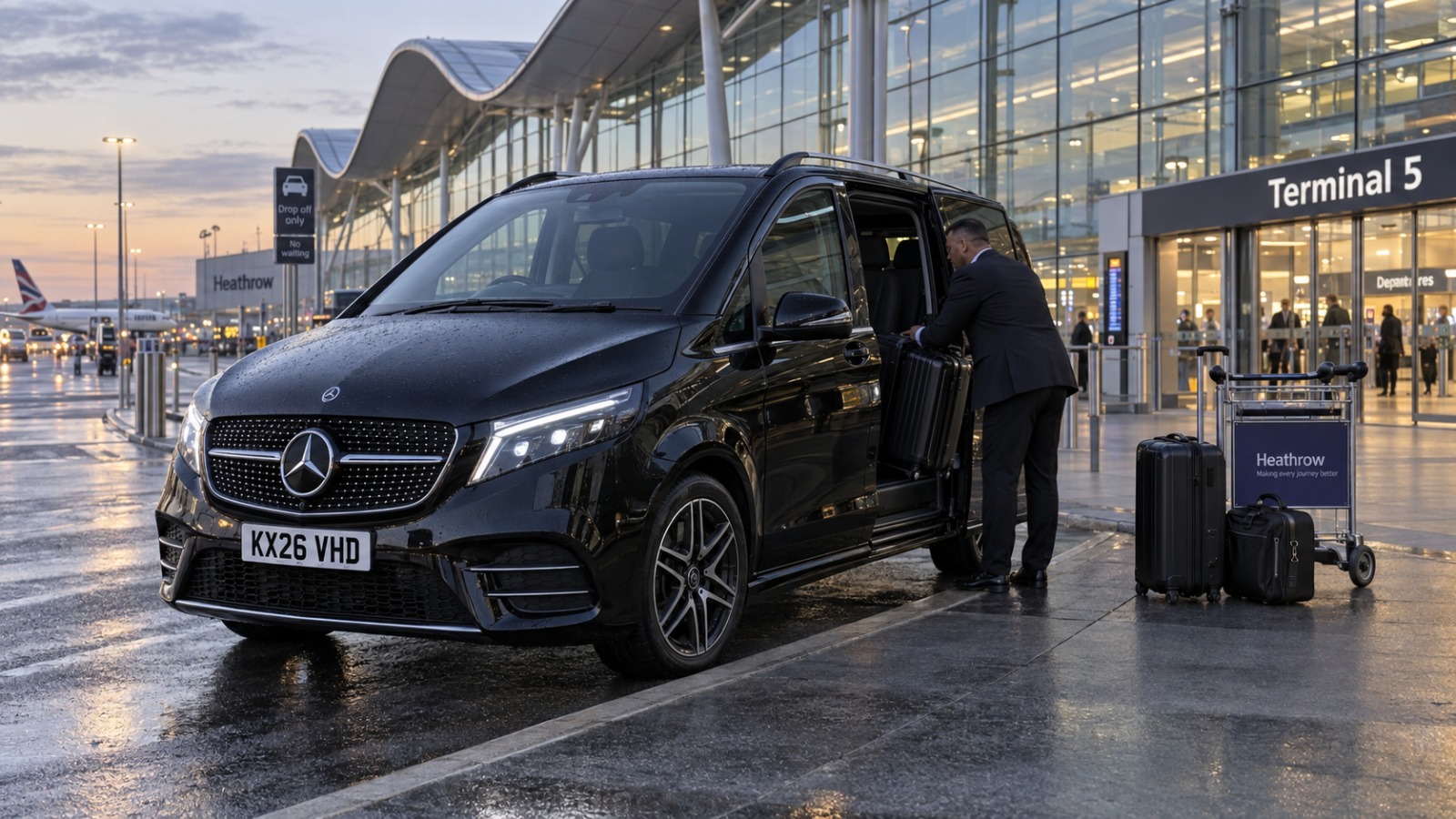 Black Mercedes V-Class 8-seater taxi loading luggage at Heathrow Terminal 5 for a fixed-fare transfer to Gatwick.