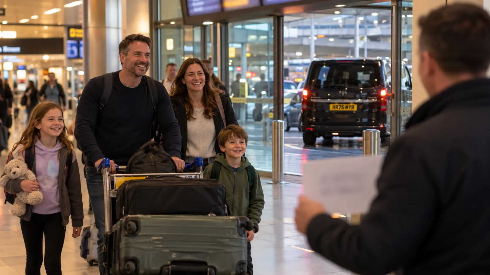 Driver with a name board greeting a family in Heathrow arrivals for their Heathrow to Southampton taxi