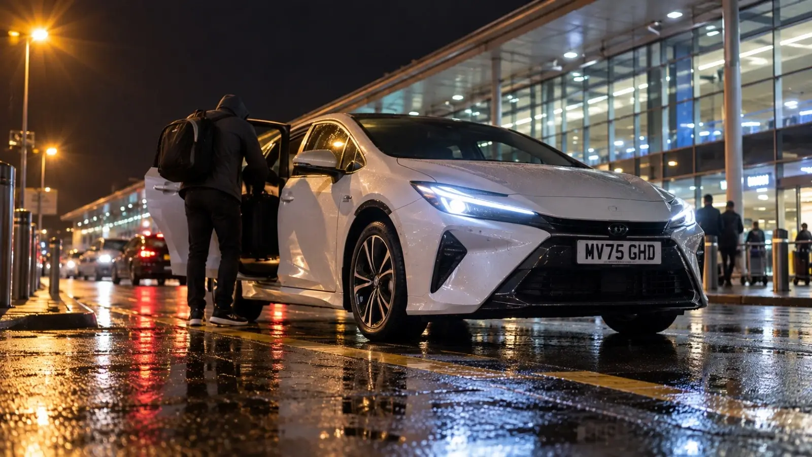 White Toyota Prius taxi collecting a late arrival outside Liverpool John Lennon Airport terminal at night