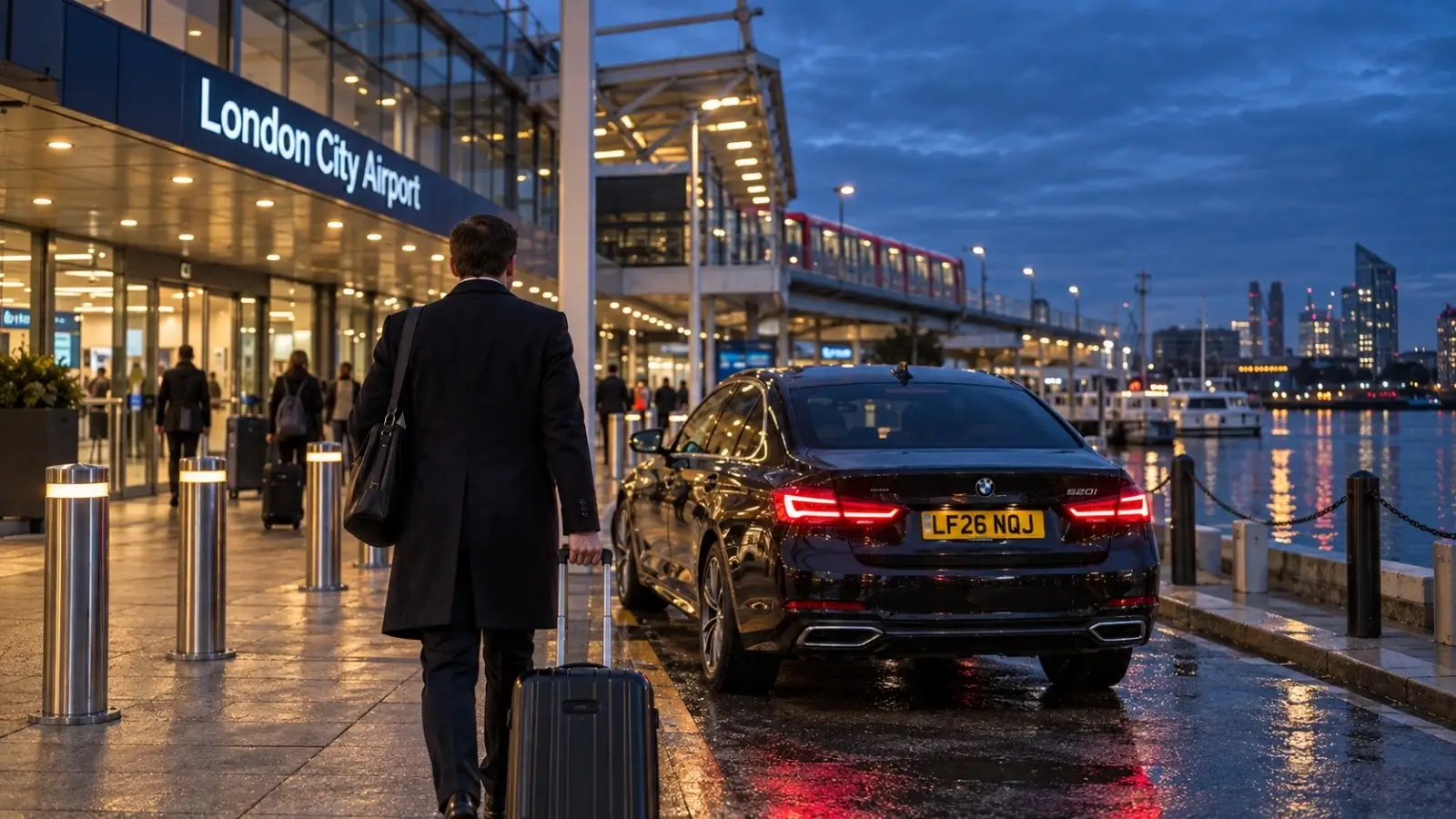 Black BMW 5 Series taxi outside London City Airport terminal at blue hour with the DLR station behind