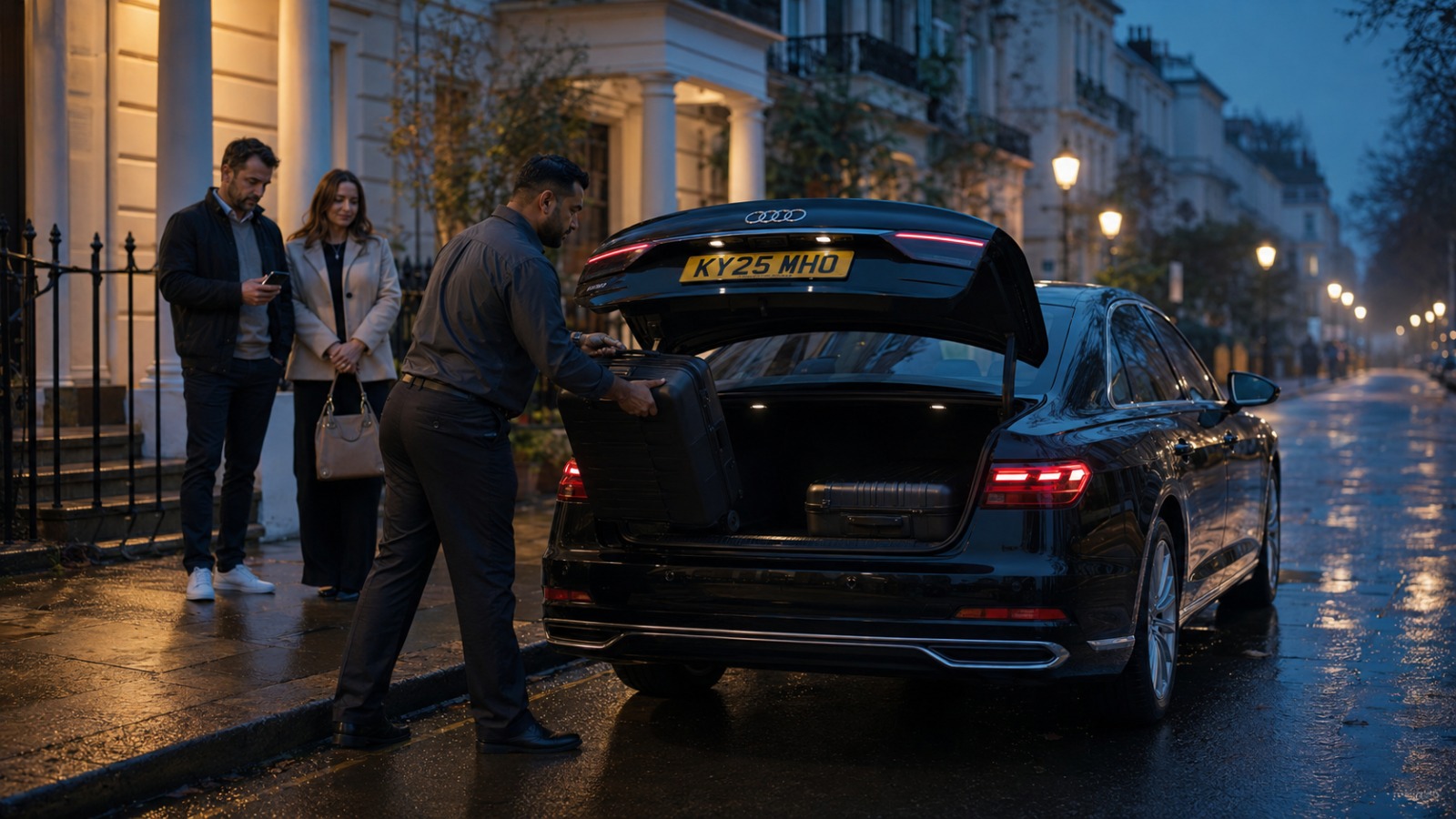 Driver loading luggage into black executive saloon outside London townhouse for pre-dawn Heathrow transfer