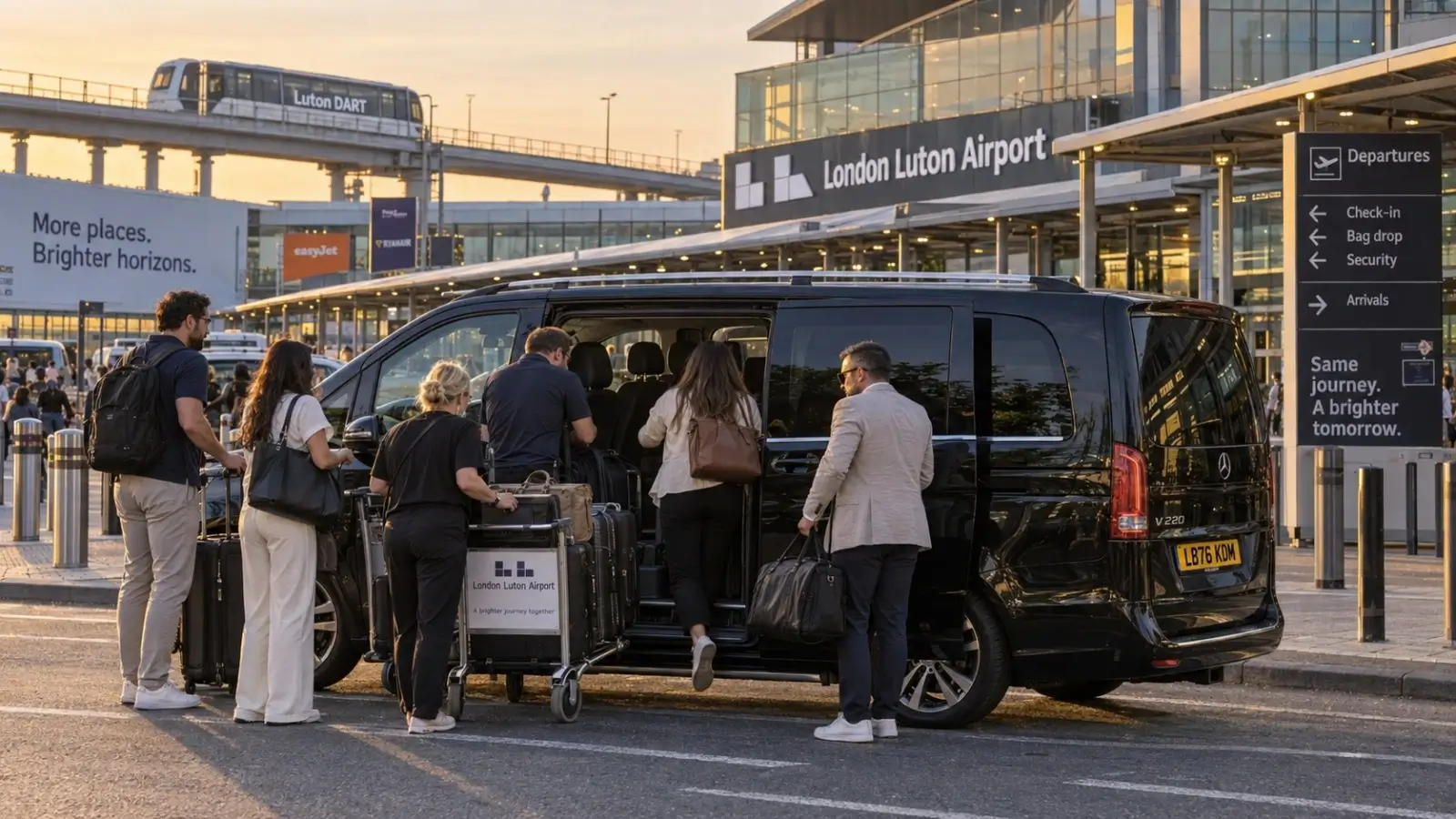 Black Mercedes V-Class eight-seater taxi in side profile at Luton Airport terminal in golden evening light