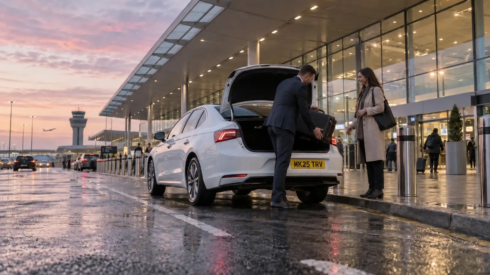 White Skoda Octavia saloon taxi at Manchester Airport Terminal 2 drop-off at dawn, passenger luggage being unloaded