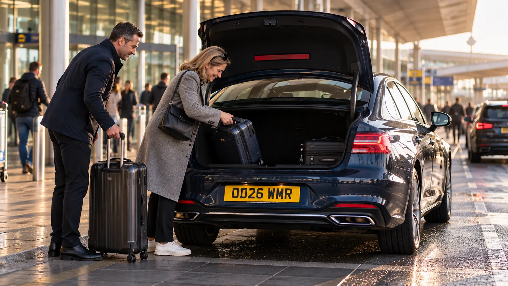 Woman lifting a case from a dark blue Business Class car at Heathrow after a taxi from Oxford to Heathrow