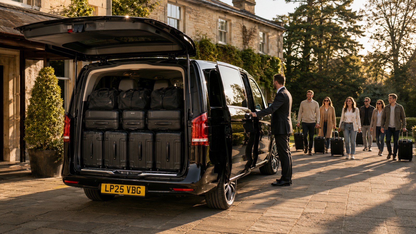 Black Mercedes V-Class 8-seater minibus loading group luggage for a Liverpool Airport transfer  