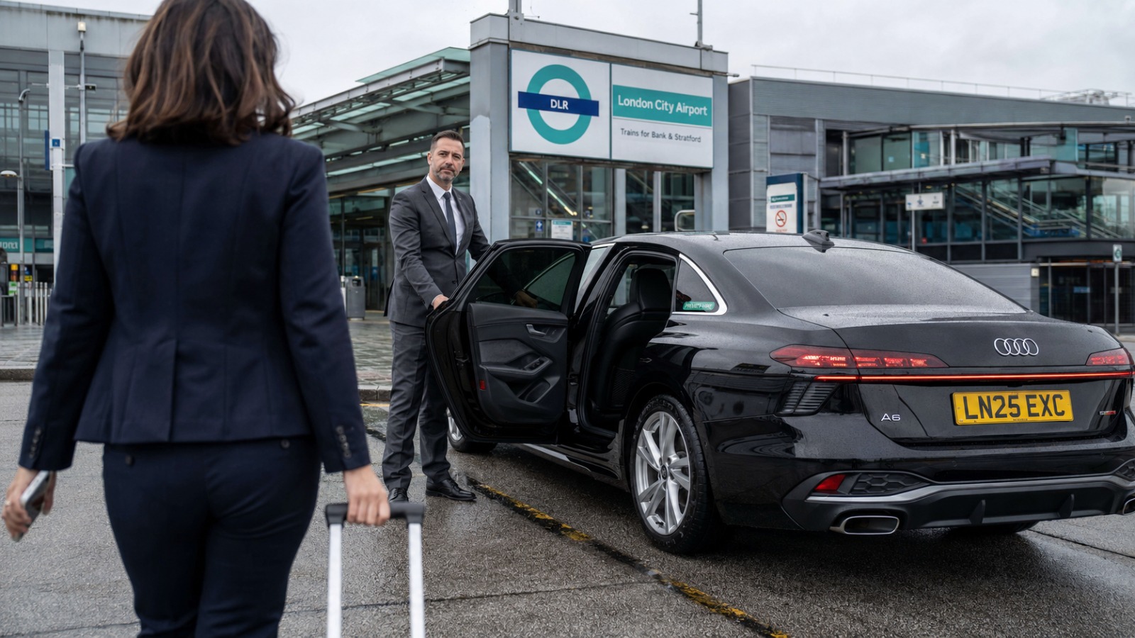 Businesswoman met by chauffeur beside black Audi A6 taxi at London City Airport DLR