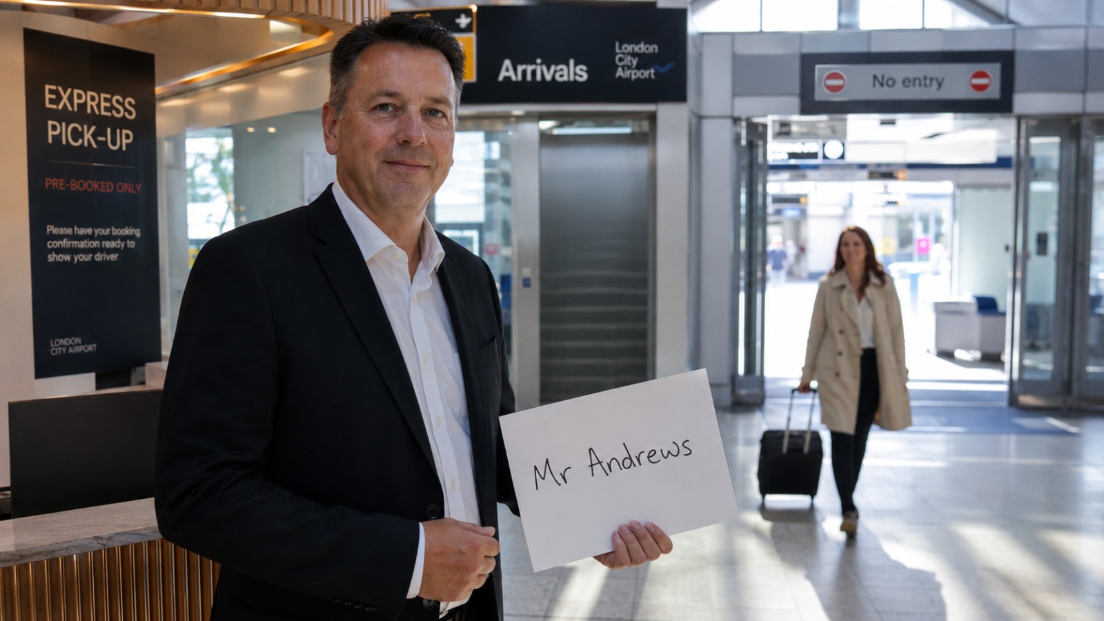 Chauffeur holding name board inside London City Airport arrivals hall meeting a passenger