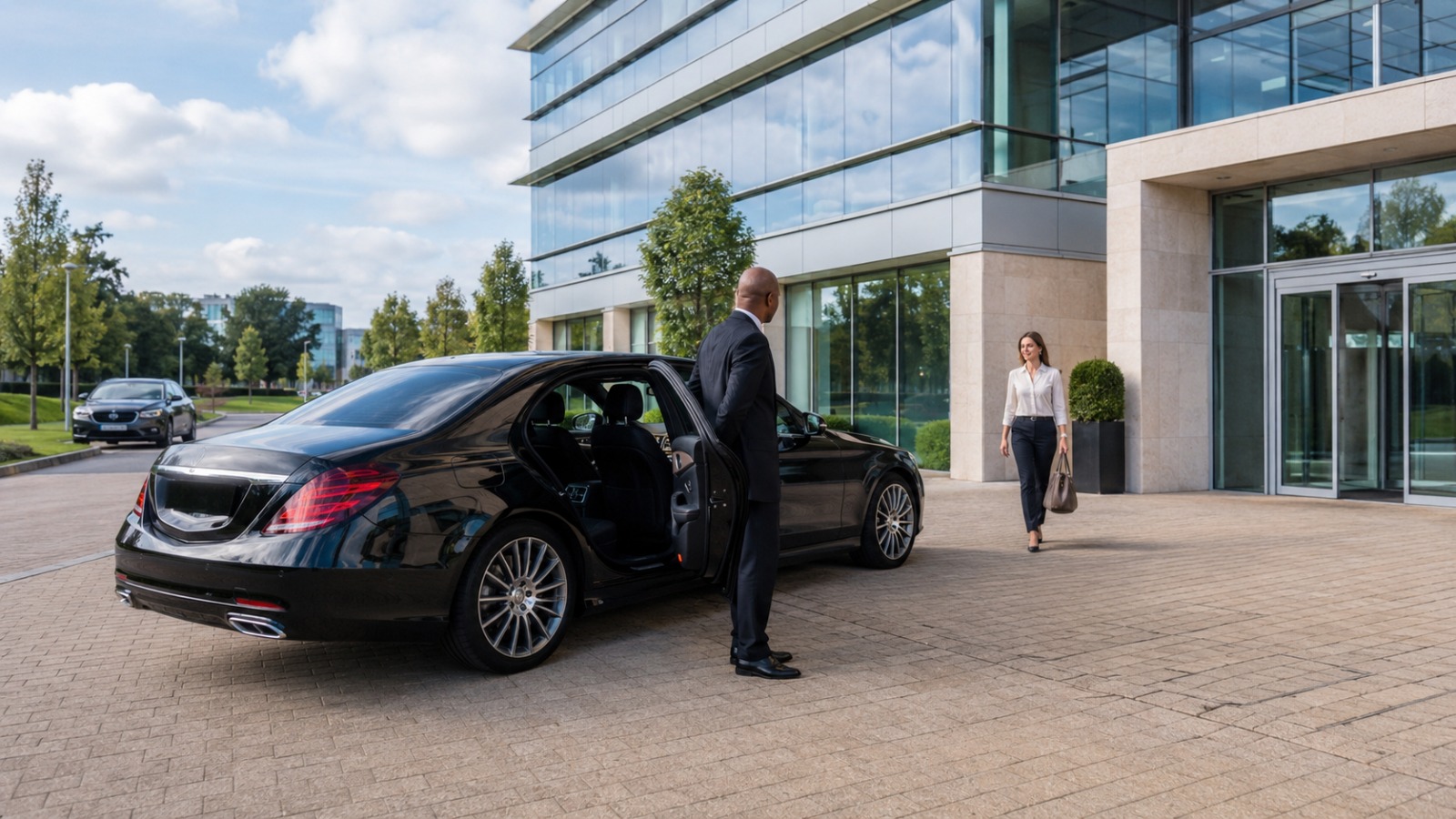 Black executive Mercedes E-Class parked at a modern glass and steel business park entrance in Reading, driver waiting in dark suit.