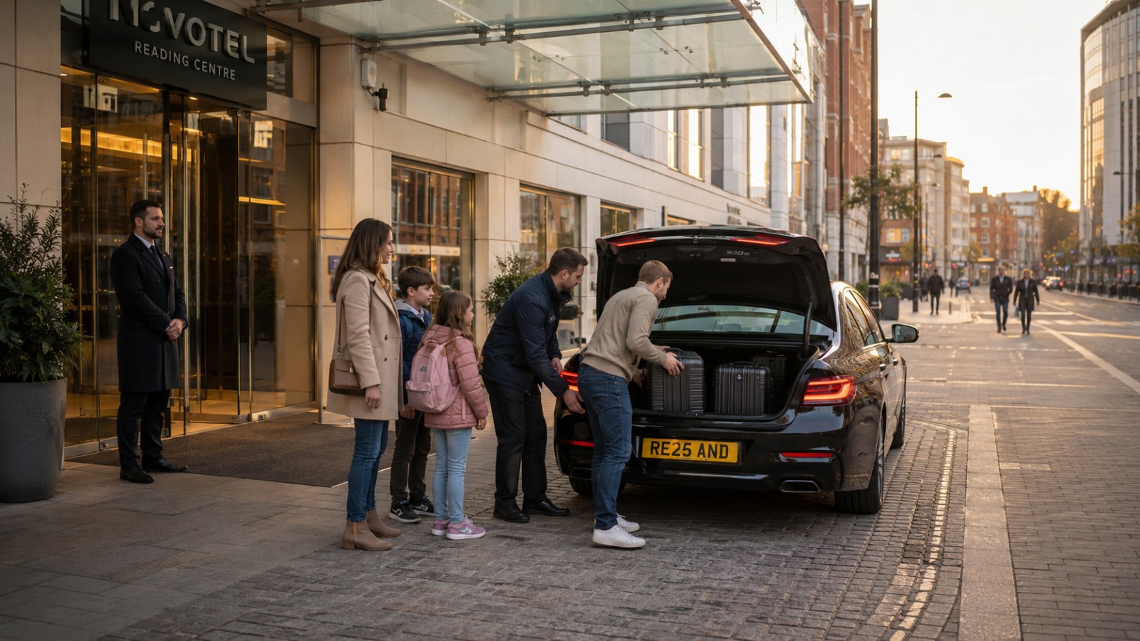 Silver saloon taxi parked outside a modern Reading town-centre hotel entrance with a family loading holiday luggage in the boot.