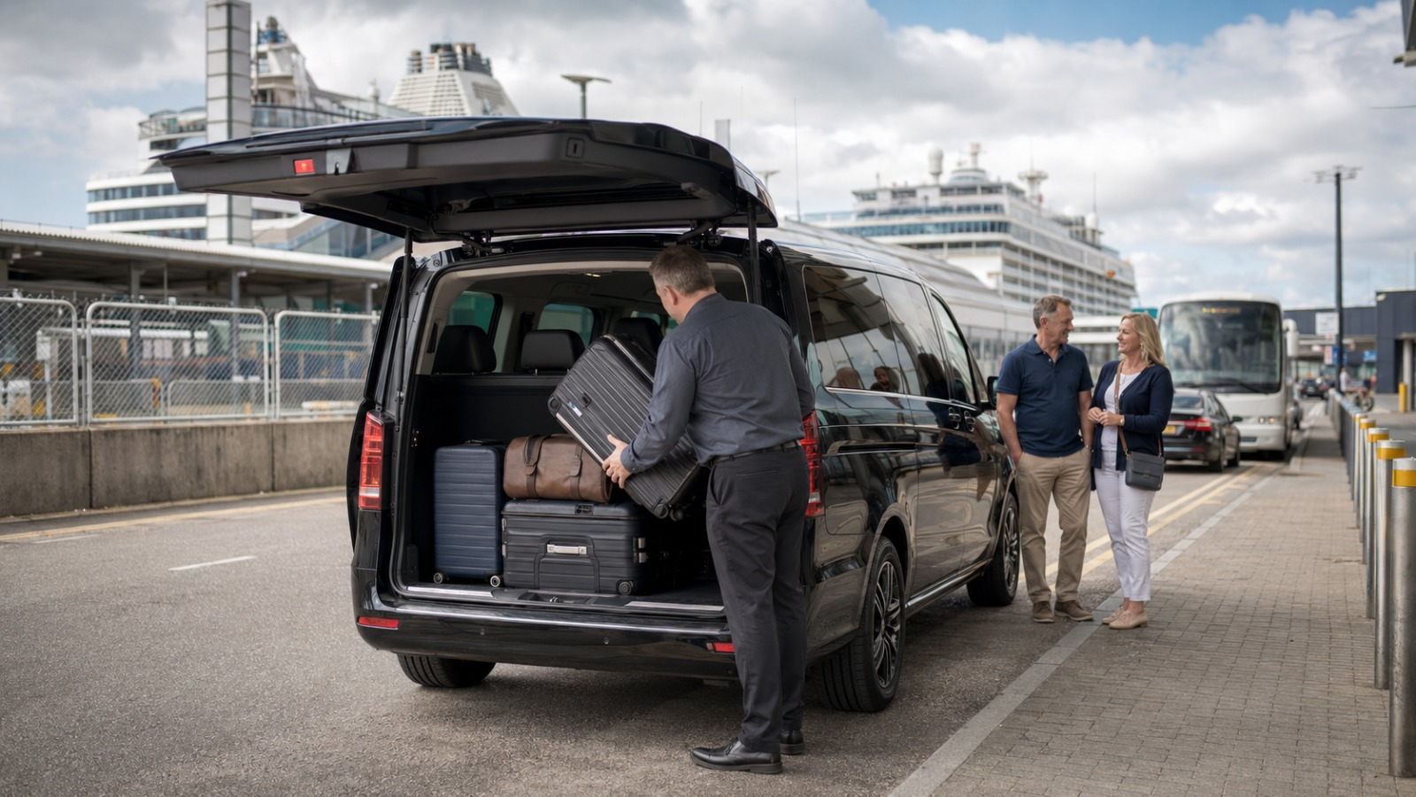 Driver loading cruise luggage into black 8-seater MPV at Southampton cruise port for Heathrow or Gatwick transfer
