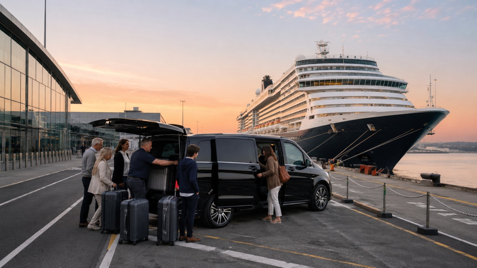 Silver Mercedes MPV parked at Southampton cruise terminal with family loading suitcases, large cruise ship berthed at dawn.