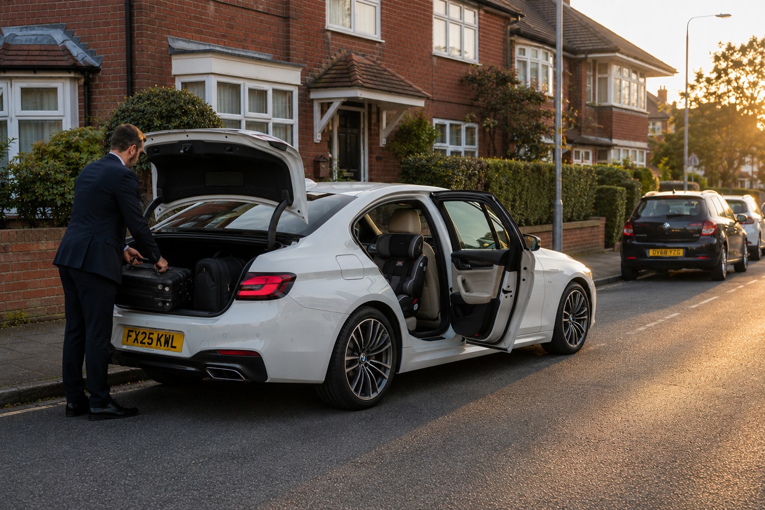 White BMW 5 Series taxi waiting outside a house with a booster seat already fitted