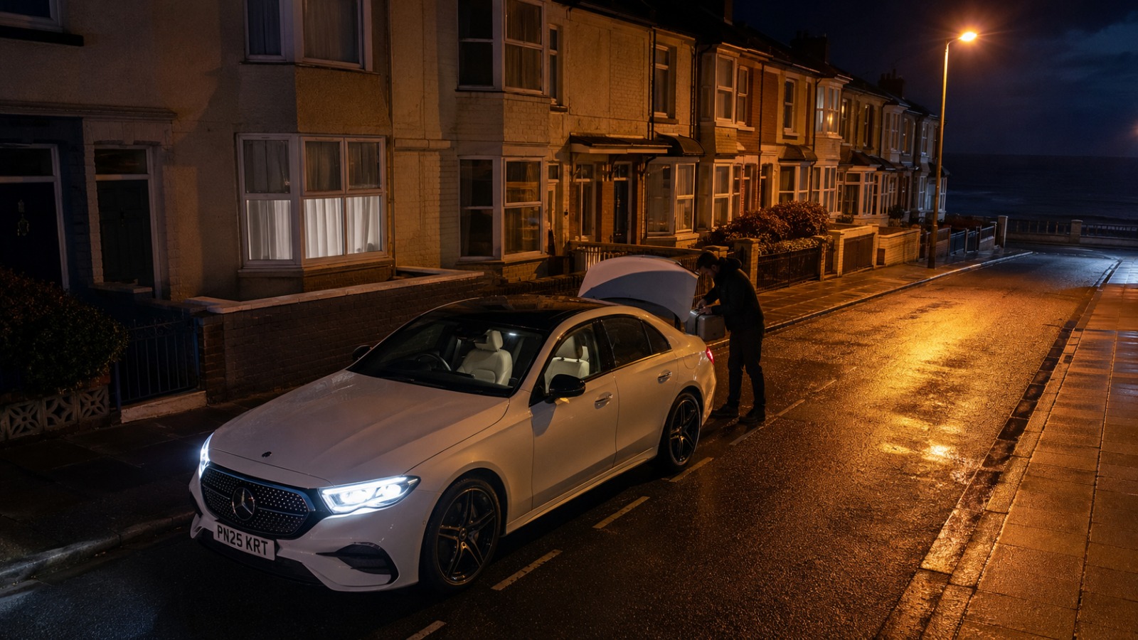 White Mercedes E-Class saloon collecting a passenger at night for an early Manchester Airport flight