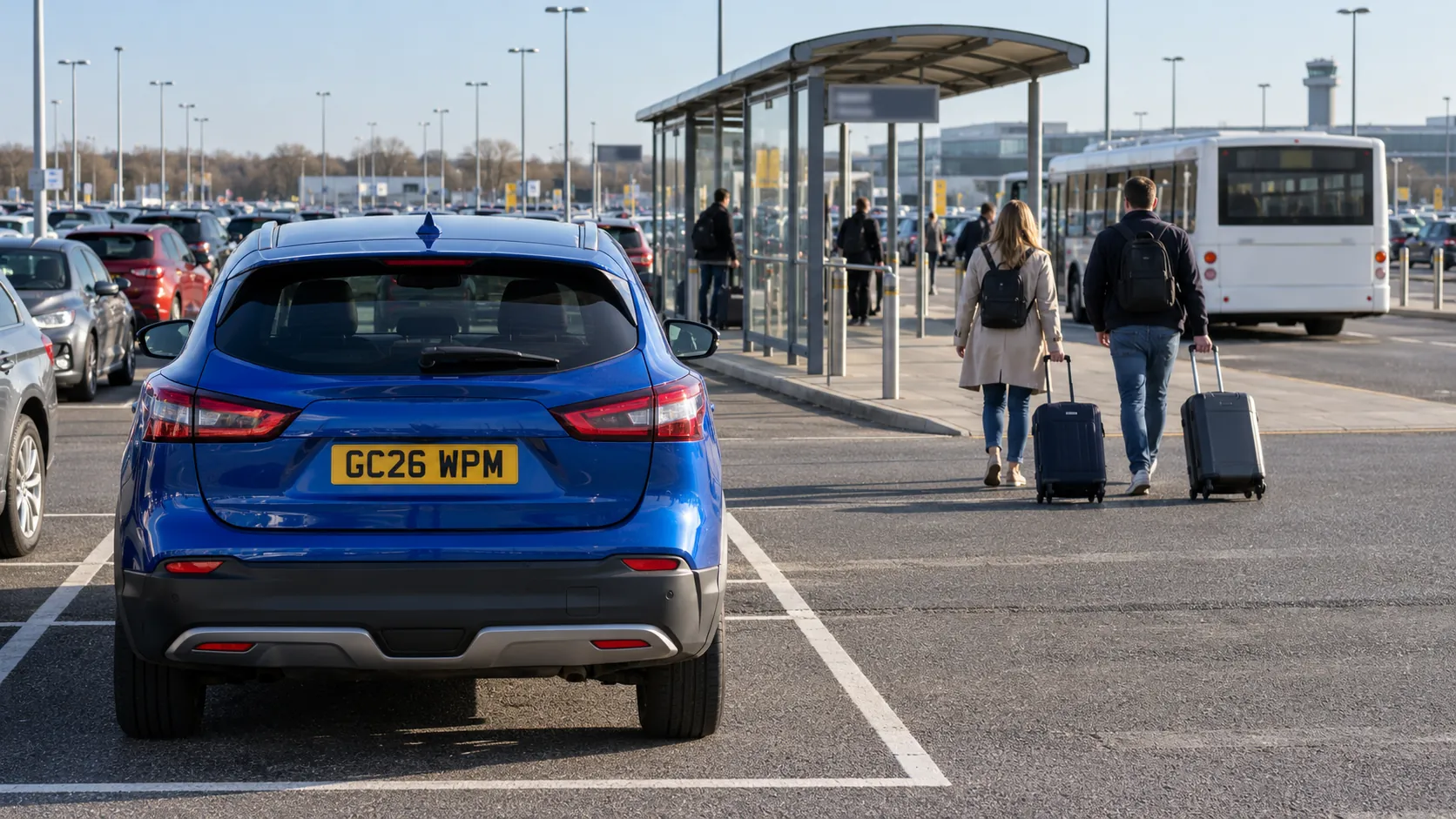 Couple wheeling suitcases from a blue car to the free shuttle bus at a Gatwick Long Stay car park