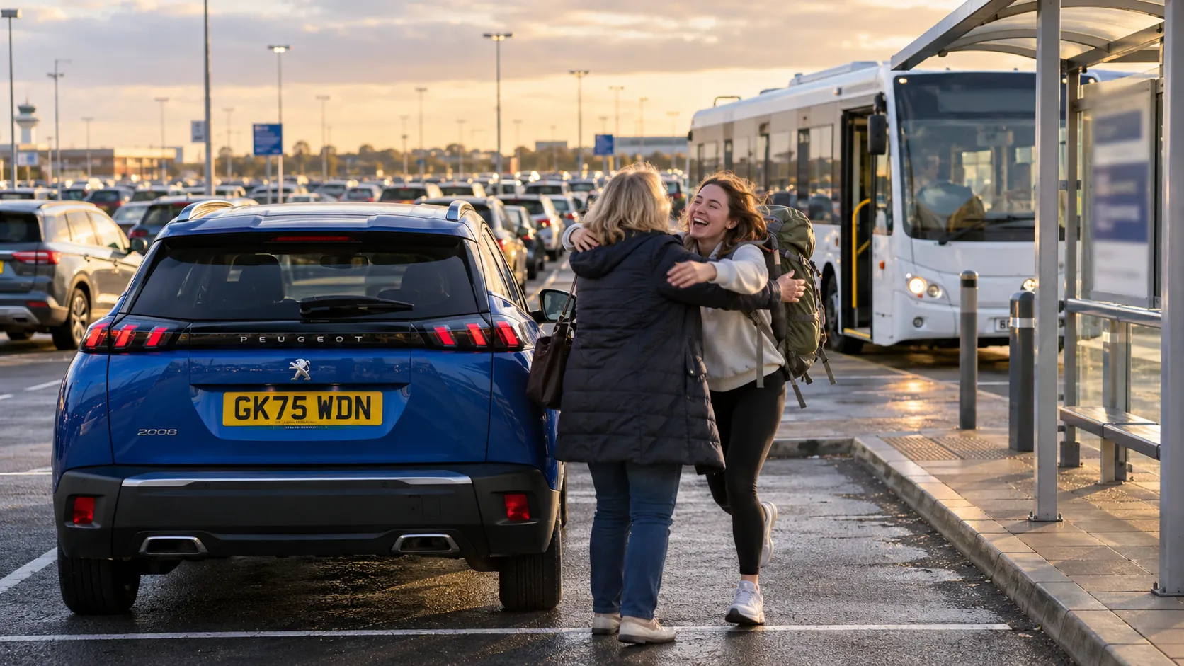 Mother greeting her student daughter off the shuttle bus at a Gatwick Long Stay car park