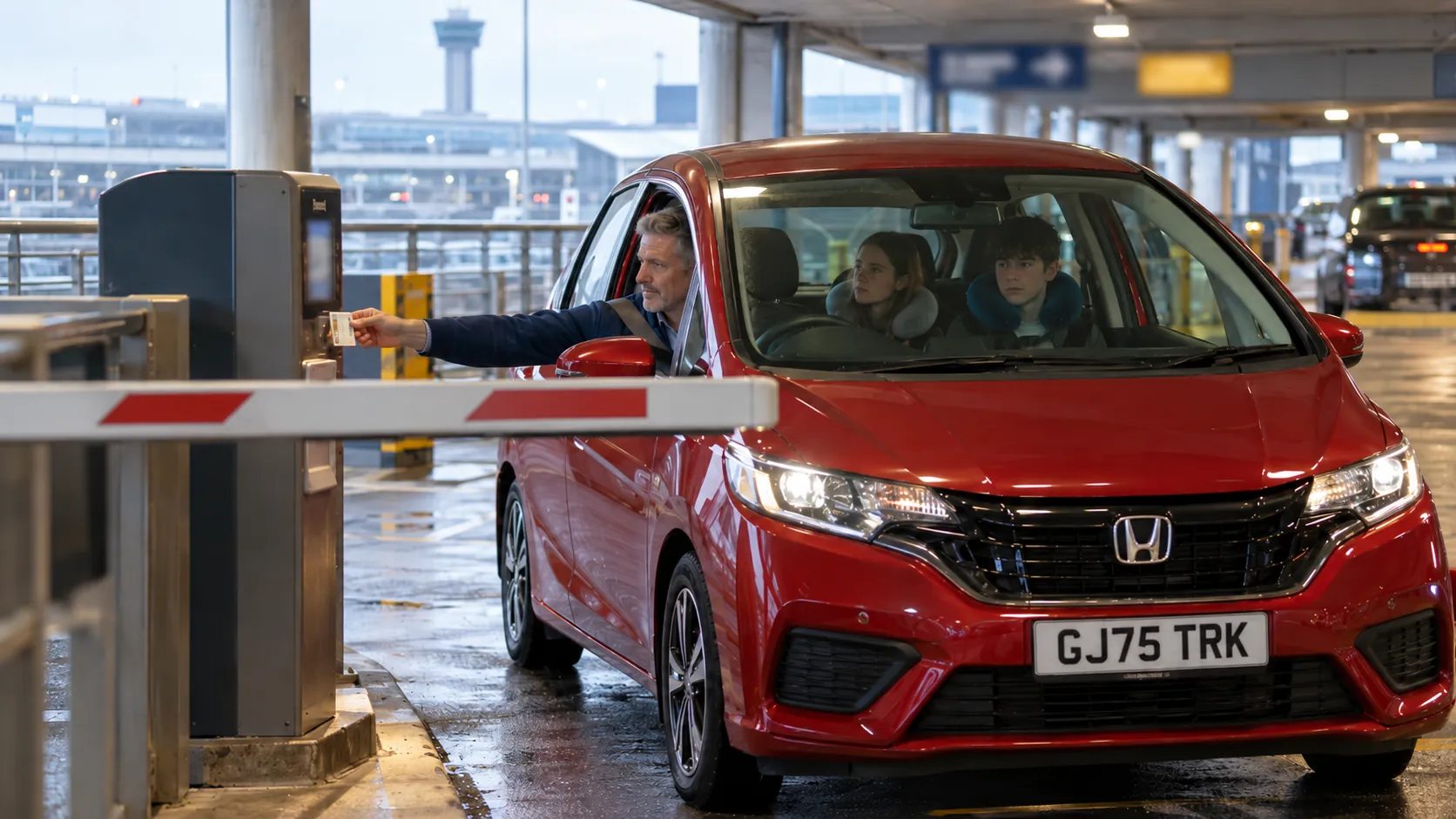 Driver inserting a ticket at a Gatwick Short Stay exit barrier with passengers in the back