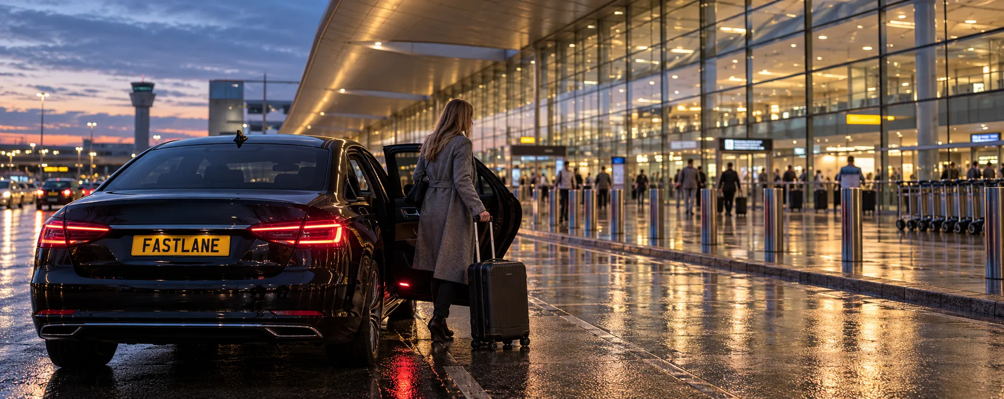 Black saloon outside Heathrow Terminal 2 departures at dusk, traveller stepping out with a cabin case