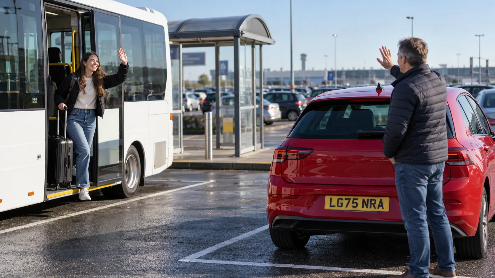 Family walking from a blue car to the bus stop in a Heathrow Park & Ride car park for free drop-off