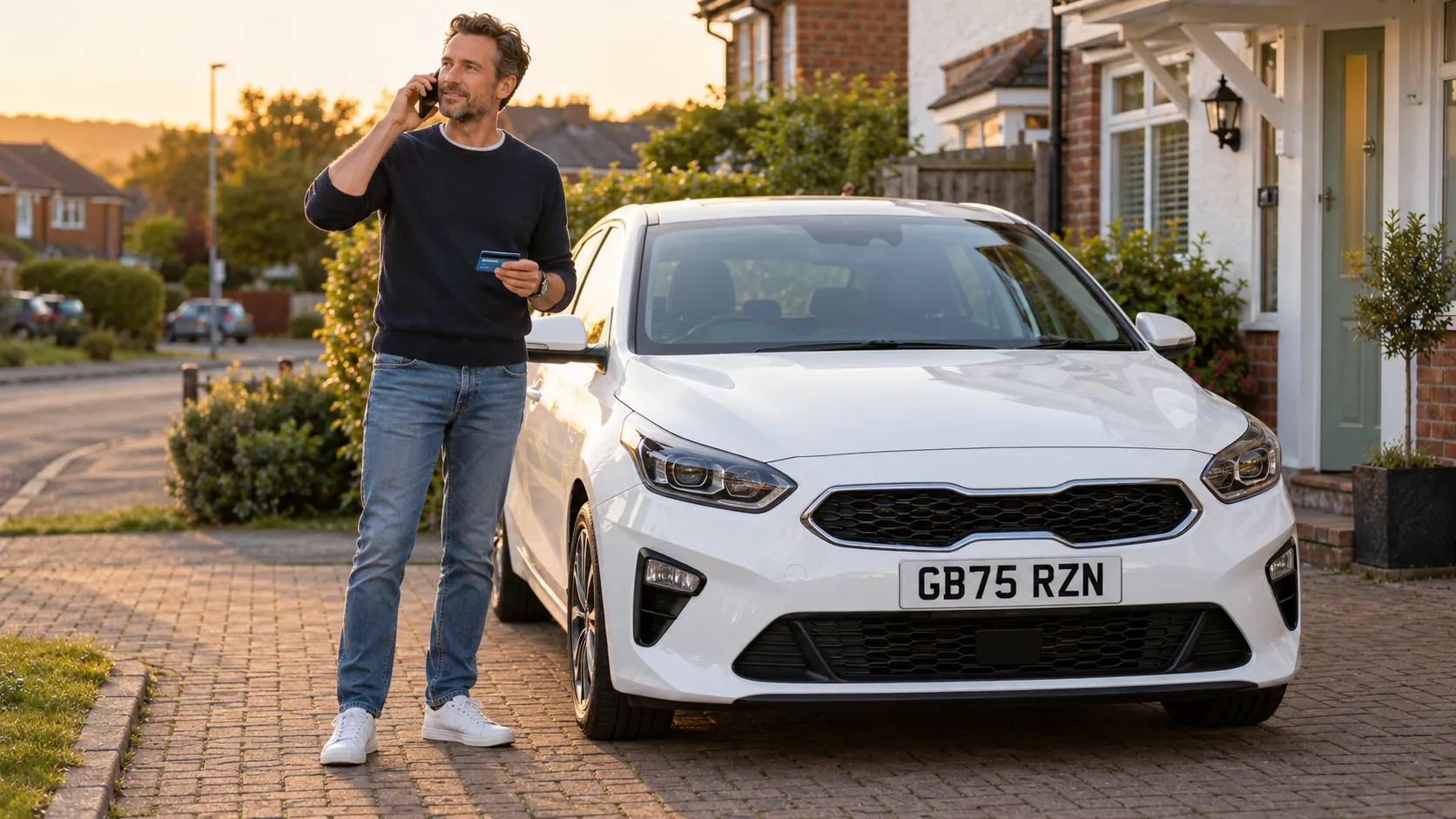 Man paying the Gatwick drop-off charge by phone beside his white car at home